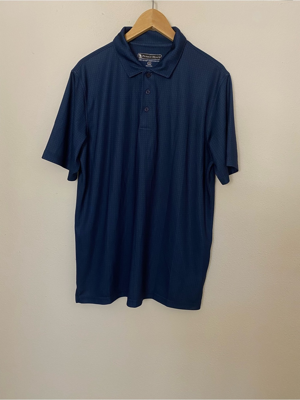 Pebble Beach Dry-Luxe Performance Polo Shirt L Navy Blue Geometric Golf Preppy
